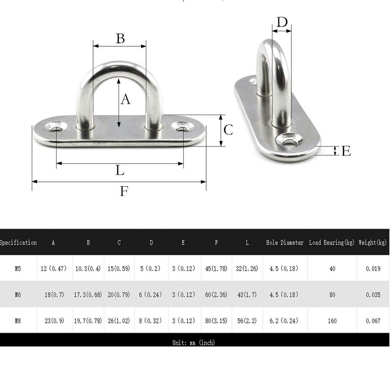 Lind Kitchen 2 Set M8 Ceiling & Wall Mount Hanging Hardware Fitting Set 304 Stainless Steel Heavy Duty Strip Pad Eye Plate + Snap Hook for Yoga Hammock Chair Swings Marine Boat Accessories - Image 5